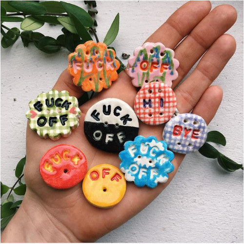 An assortment of brightly coloured clay buttons, made at Trylla Bristol
