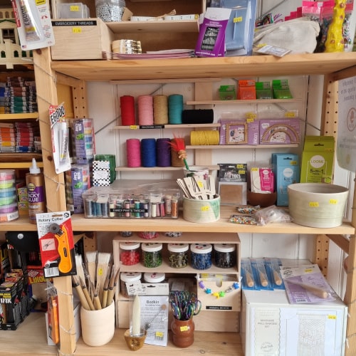 Shelves of crafting and ceramics supplies on sale at Trylla Bristol